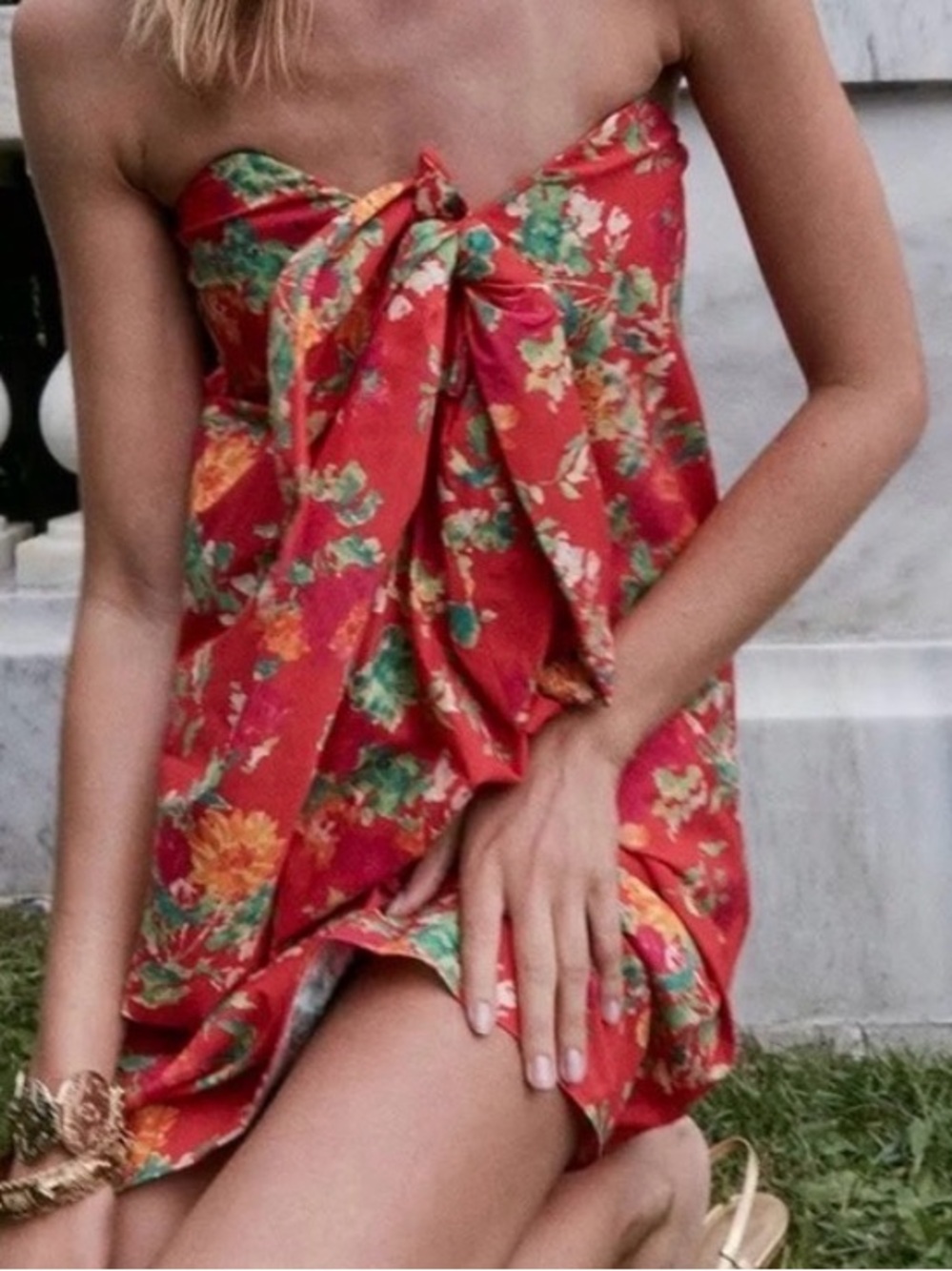 Caroline Constas Kaia Red Floral Strapless Tie-Front Mini Dress